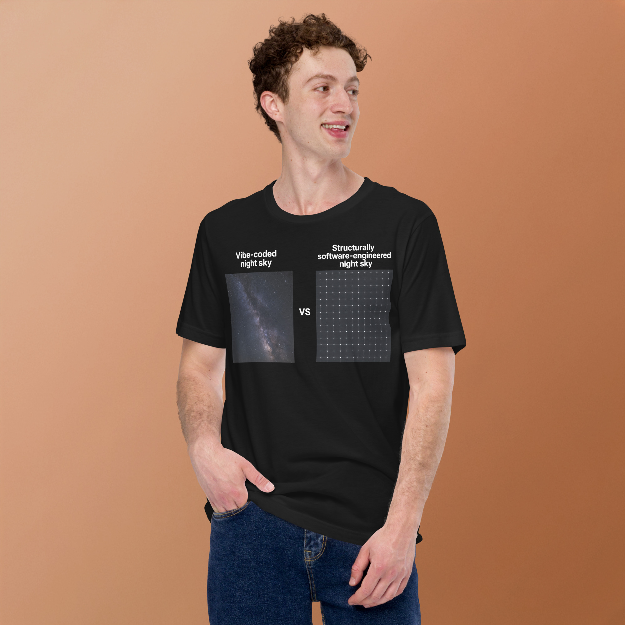 Vibe-coded night sky VS structurally software-engineered night sky short-sleeve unisex t-shirt