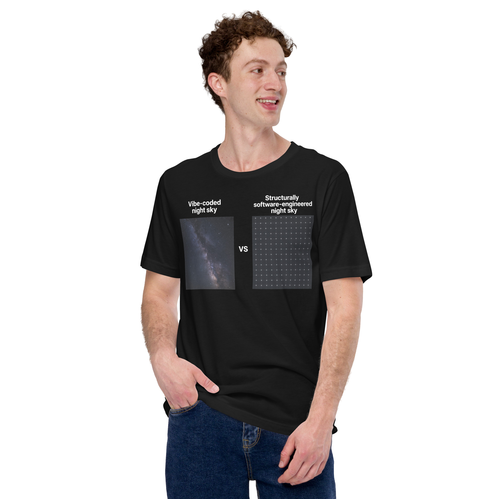 Vibe-coded night sky VS structurally software-engineered night sky short-sleeve unisex t-shirt