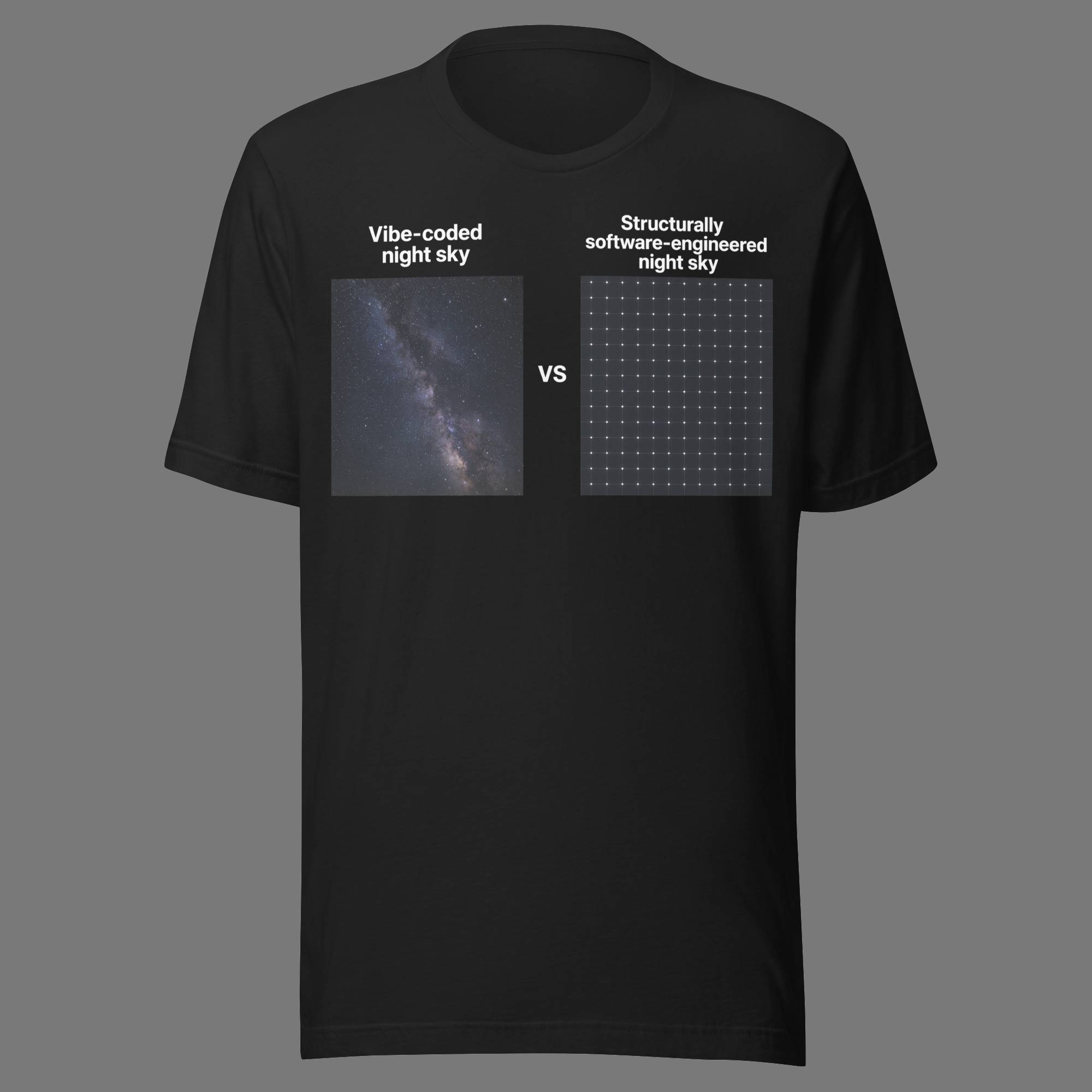 Vibe-coded night sky VS structurally software-engineered night sky short-sleeve unisex t-shirt