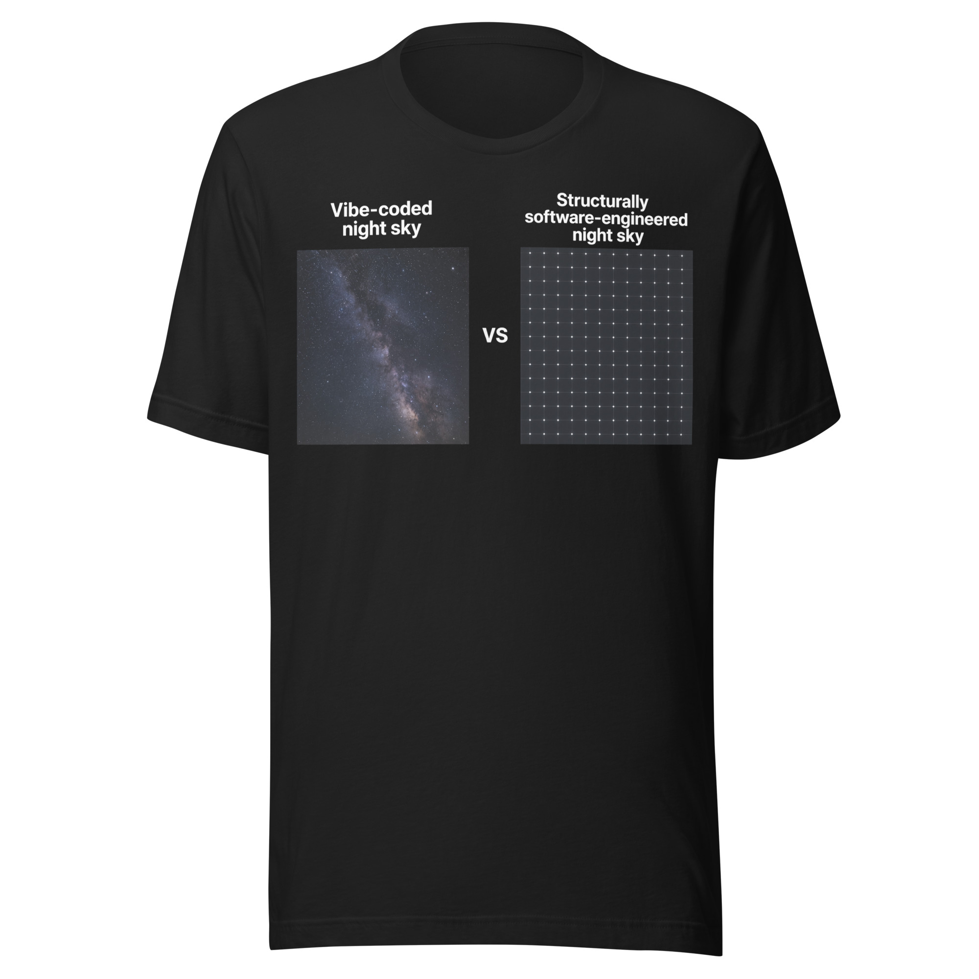 Vibe-coded night sky VS structurally software-engineered night sky short-sleeve unisex t-shirt