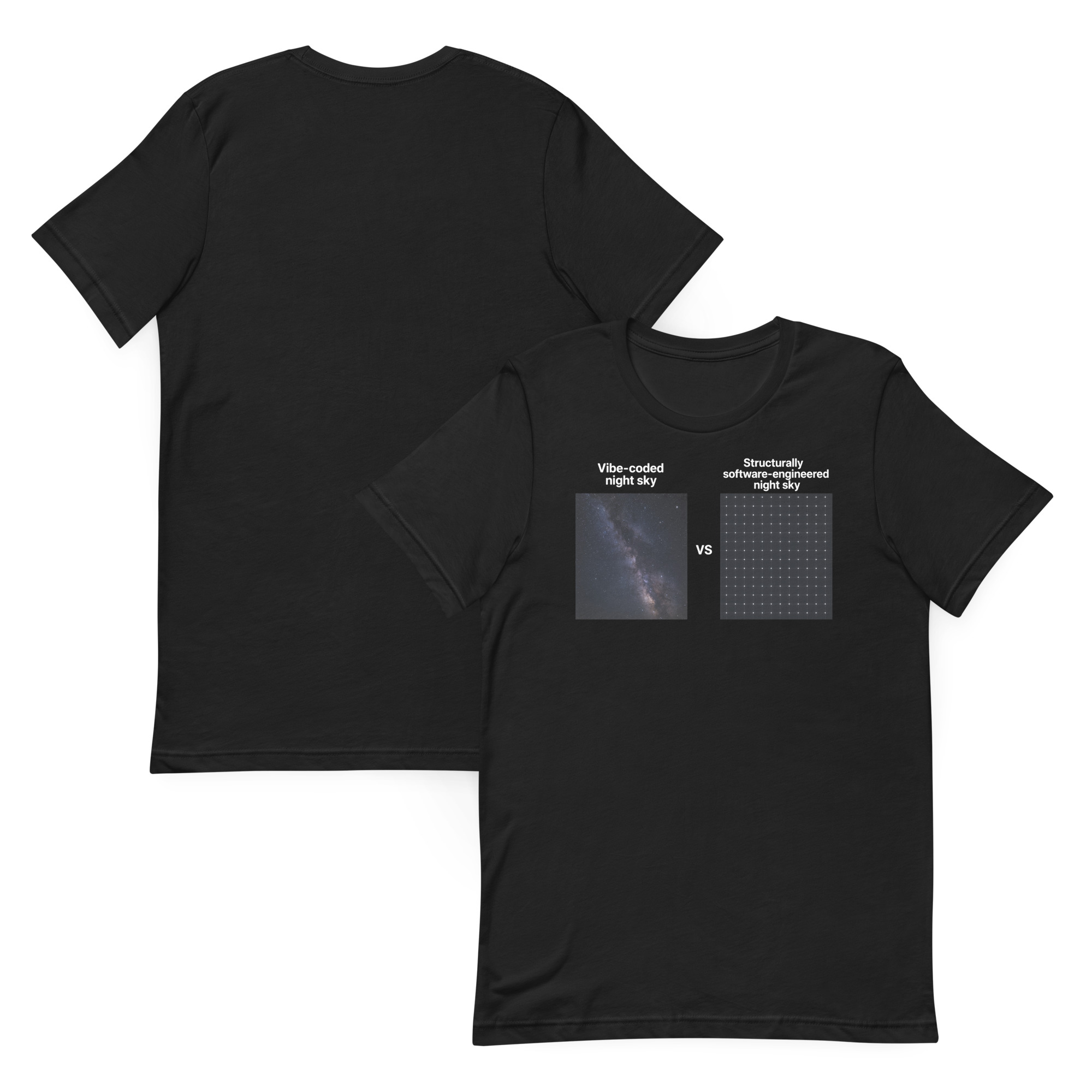 Vibe-coded night sky VS structurally software-engineered night sky short-sleeve unisex t-shirt
