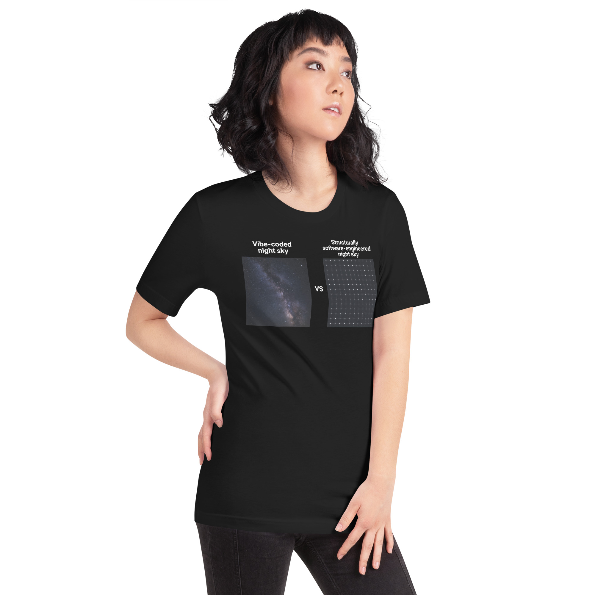 Vibe-coded night sky VS structurally software-engineered night sky short-sleeve unisex t-shirt