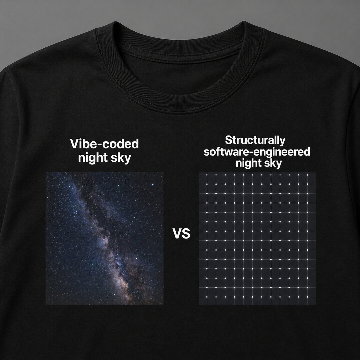 Vibe-coded night sky VS structurally software-engineered night sky short-sleeve unisex t-shirt